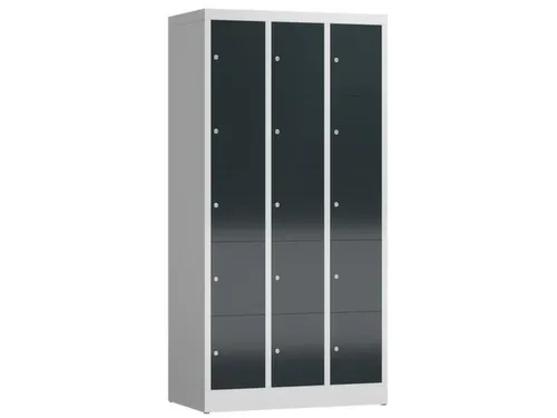 Lockerkast 1800x870x500mm 3x5 vakken cilinderslot, sokkel, RAL7016