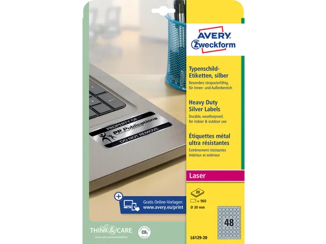 Etiket Avery L6129-20 rond 30mm zilver 960stuks