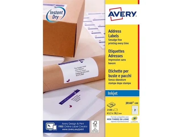 Adresetiket Avery J8160-100 63.5x38.1mm Inkjet Wit 2100 stuks