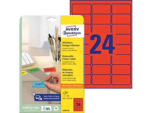 Gekleurde Etiketten Avery Zweckform 63,5x33,9mm Rood 480 stuks