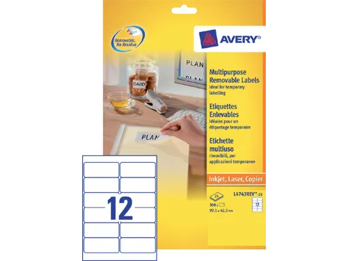 Etiket Avery L4743REV-25 99.1X42.3mm Afneembaar Wit 300 Stuks