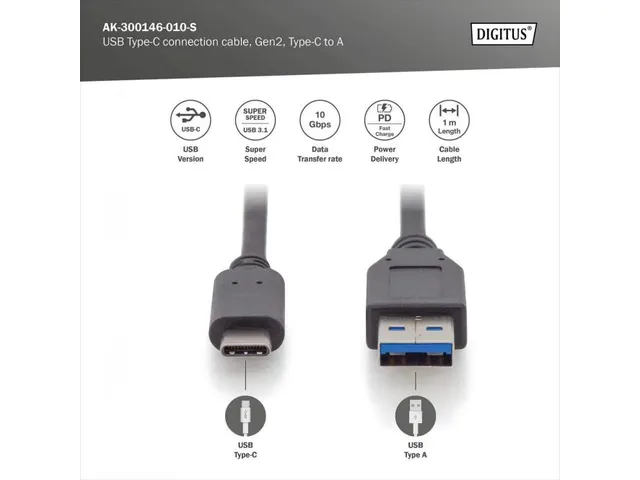 USB Type C-aansluitkabel Type C naar A M/M 1m Gen2 3A 10GB Zwart