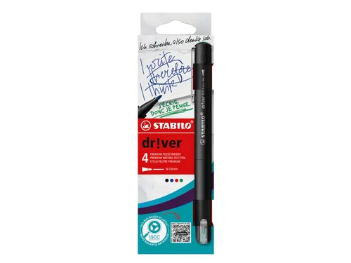 Fineliner STABILO dr!ver Etui met 4 kleuren Medium punt 0.8mm