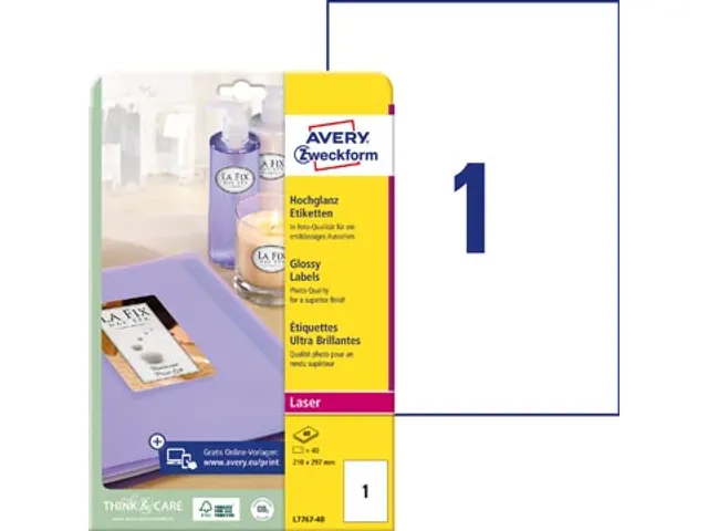 Etiket Avery L7767-40 210x297mm A4 hoogglans wit 40 stuks