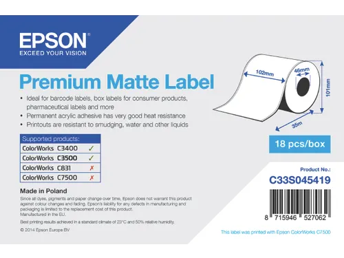 Premium Matte Label - Continuous Roll: 102mm x 35m