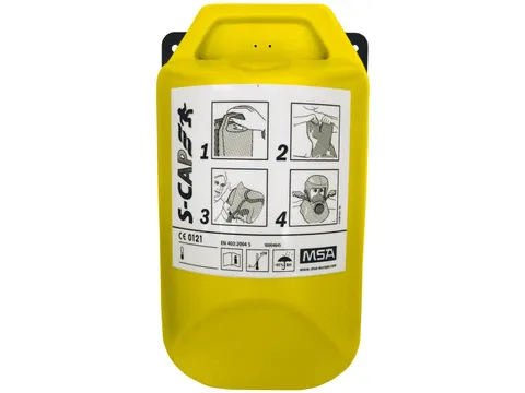 MSA S-Cap CO P vluchtmasker geel in lichtreflecterende muurbox