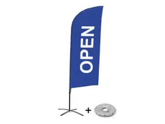 Promotievlag Alu Wind complete set "OPEN" Blauw kruisvoet Zwart