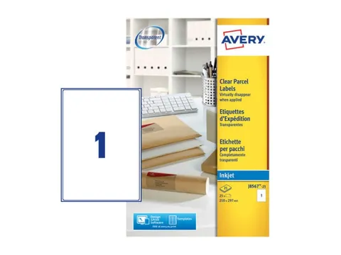 Adresetiket Avery J8567-25 210x297mm A4 Transparant Inkjet 25 stuks