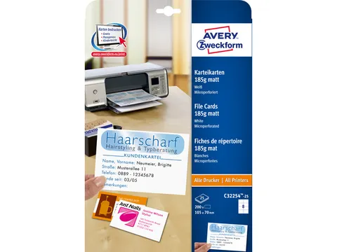 systeemkaart Avery 105x70mm 185gr wit 25 vel 8 kaarten per vel