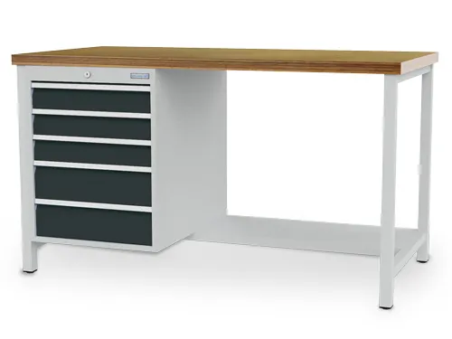 werkbank,HxBxD 859x1500x750mm,multiplexblad,4voeten,uitrusting: 5laden
