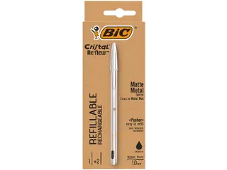 Balpen Bic Cristal Re-new medium zilver + 2 vullingen zwart - 1
