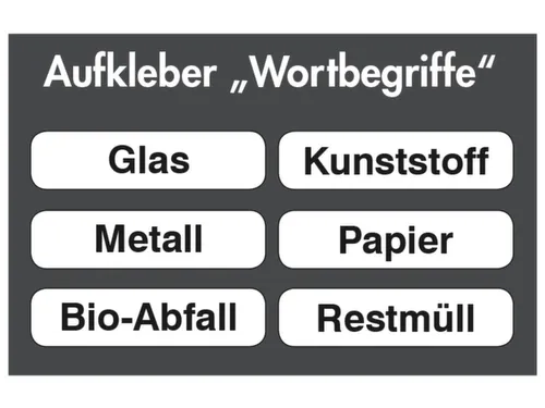 stickerset,v. afvalverzamelaar,6xtekst,Glas,Kunststof,Metaal,Papier
