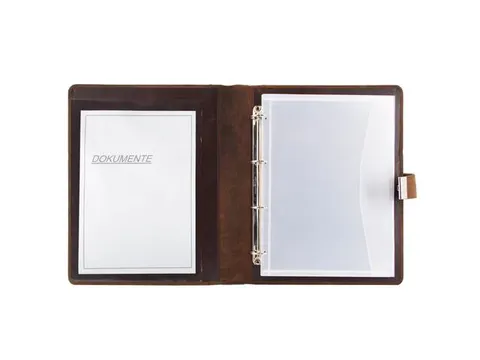 Schrijf/documentenmap Alassio A4. 4 ringsmechaniek Leer bruin 36x28x4,