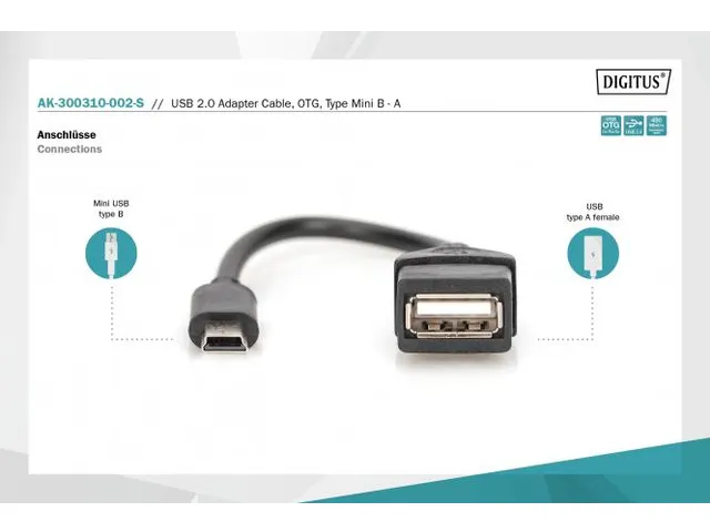 USB 2.0-adapterkabel OTG type mini B - A St/Bu 0,2m USB 2.0-compatibel