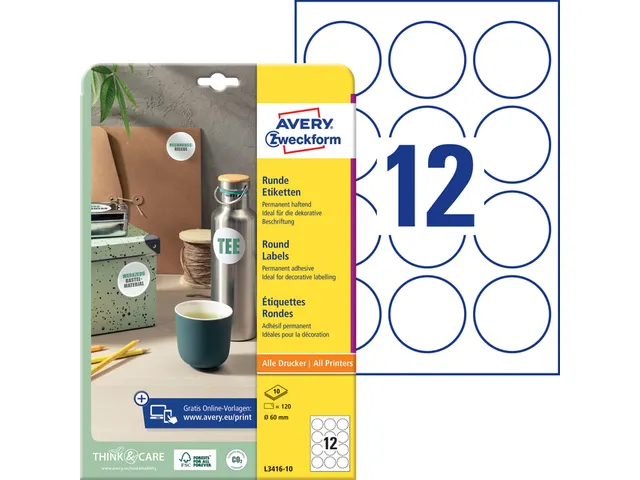Etiket Avery L3416-10 rond 60mm wit 120stuks