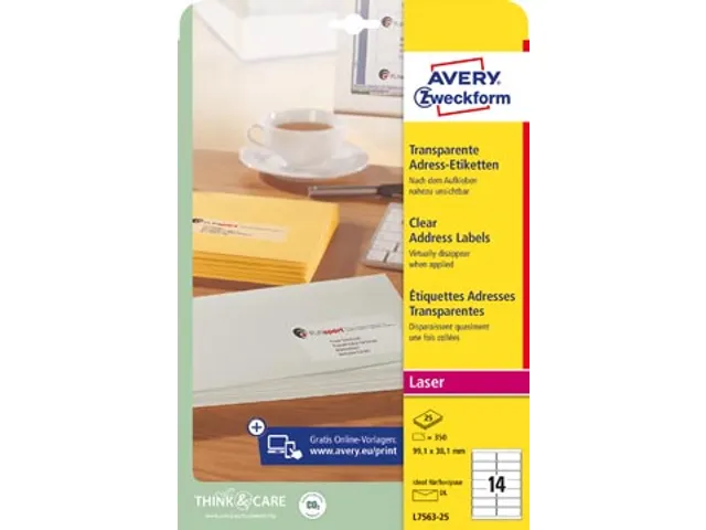 Etiket Avery L7563 99.1x38.1mm Transparant 350 Stuks