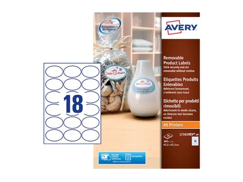 Etiket Avery L7101REV-20 63.5x42.3mm afneembaar mat wit 360stuks