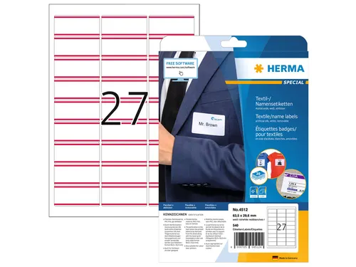 HERMA 4512 Naambadge textieletiket A4 63,5x29,6mm Wit/rood 540 stuks
