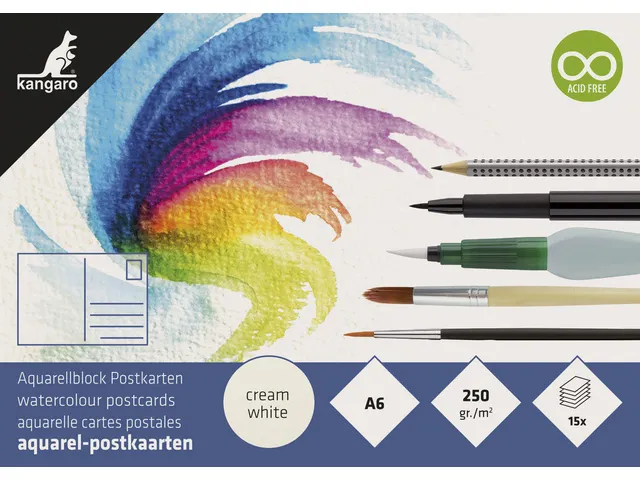 Postkaarten Kangaro blok 15 vel 300 grams aquarelpapier, A6, blanco po