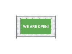 Hekwerkbanner 200x100 cm Groen met Engelse Print We Are Open
