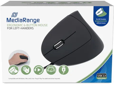 MROS231 MEDIARANGE muis 6knoppen ergonomisch kabel links zwart