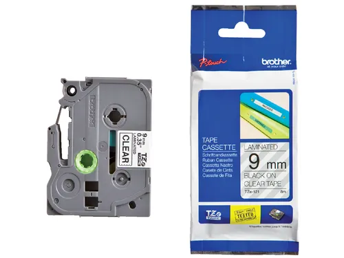 Labeltape Brother P-touch TZe-121 standaard 9mm zwart op transparant
