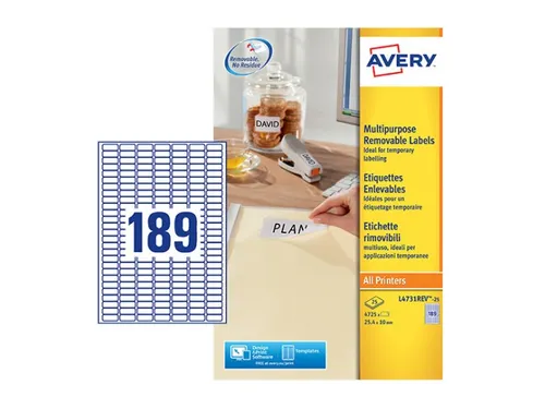Etiket Avery L4731REV-25 25.4x10mm afneembaar wit 4725stuks