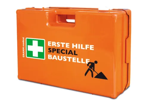 verbandkoffer,v. bouw,DIN 13157,ABS oranje,m. wandhouder