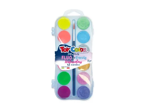 ToyColor aquarelverfset 12 Fluo en Pearly kleuren en penseel