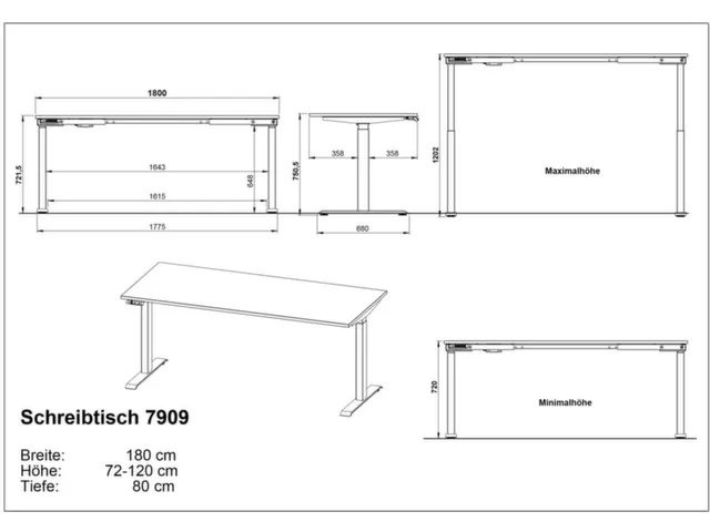 Bureau à hauteur réglable élec.,HxlxP 720-1200x1800x800mm