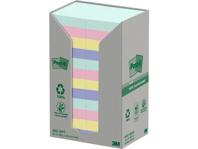 Memoblok 3m Post-it 653 38x51mm 24 Stuks Recycled Assorti
