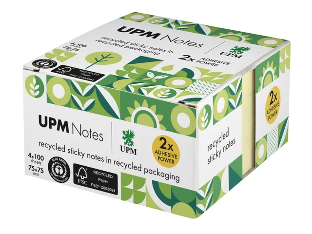 Sticky notes UPM recycled 75x75mm geel blok 100 vel, doos 4x blok