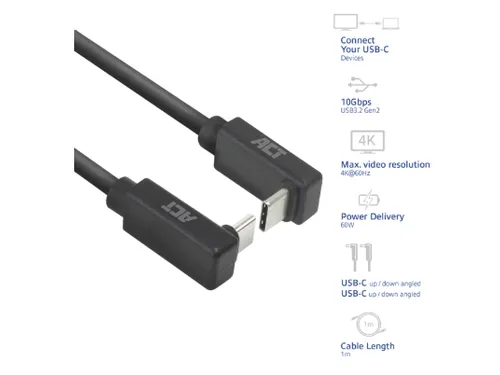 Kabel ACT USB-C hoek boven/beneden 10Gbps 1m