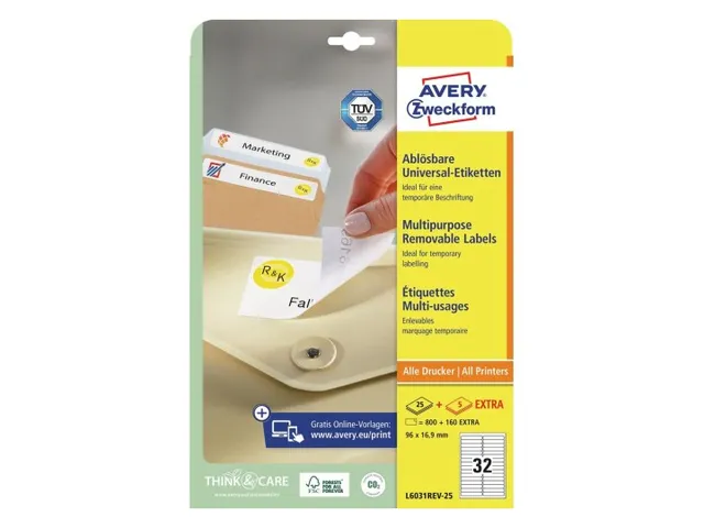 Etiket Avery Zweckform L6031REV-25 96x16.9mm afneembaar Wit 800 stuks