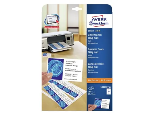 Visitekaart Avery Zweckform C32010-25 85x54mm 185gr 250 stuks
