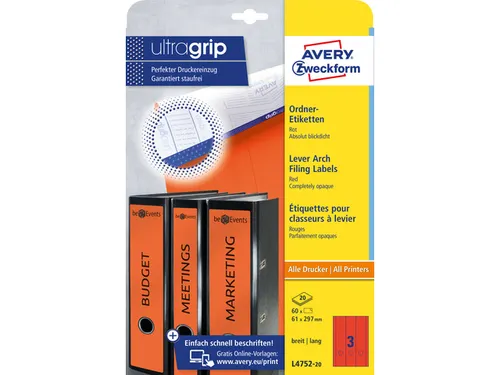 ordnerrugetiket Avery 297x61mm rood 20 vel 3 etiketten per vel