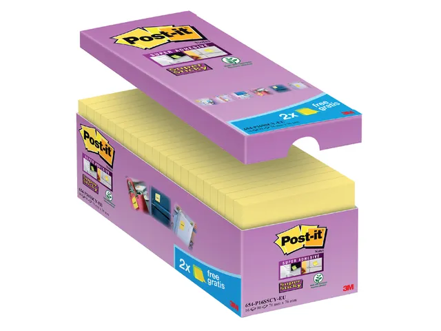 Memoblok 3M Post-it 654 Super Sticky 76x76mm geel 14+2 gratis