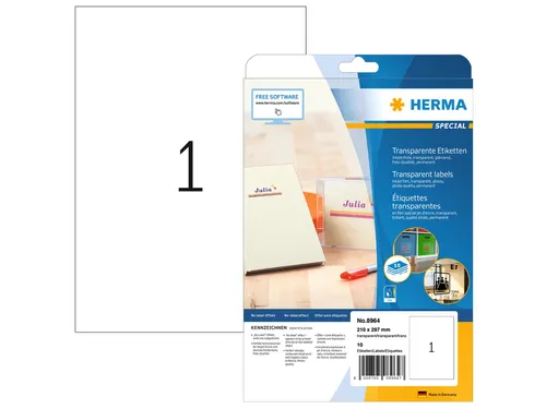 HERMA 8964 Transparante Inkjet folie-etiketten A4 210x297mm 10 stuks