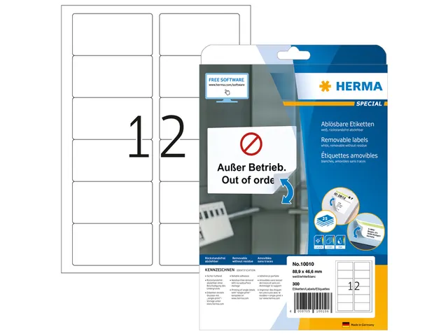 HERMA 10010 Verwijderbare etiketten A4 88,9x46,6mm Wit 300 stuks