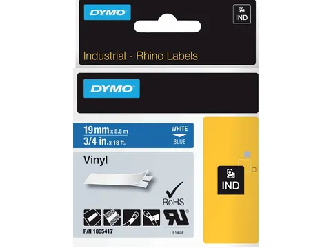 Labeltape Dymo Rhino 18054 19mmx5.5m Vinyl Wit Op Blauw