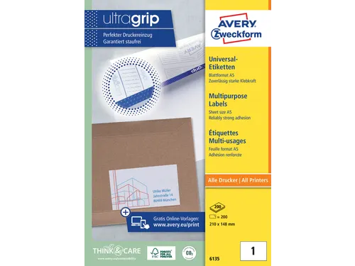 Etiket Avery Zweckform 6135 210x148mm A5 wit 200 stuks