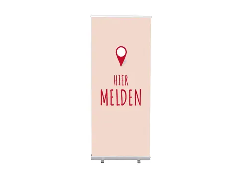 Roll-Banner 85x200 complete set met print "Hier Melden" Rood