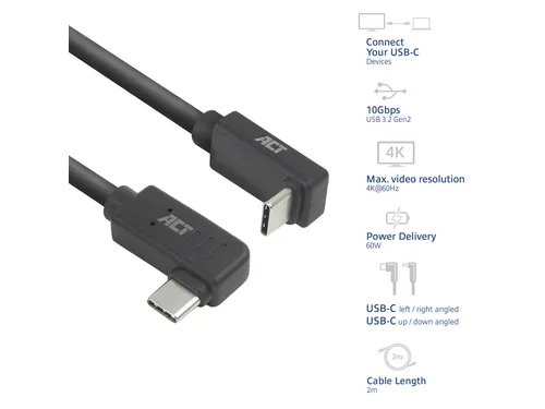 Kabel ACT USB-C hoek links/rechts USB-C hoek boven/beneden 10Gbps 2m