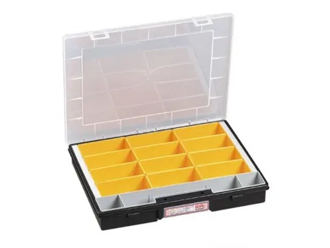 Bak voor kleine onderdelen,HxBxD 55x370x295mm,12bakken,PP,koffer zwart