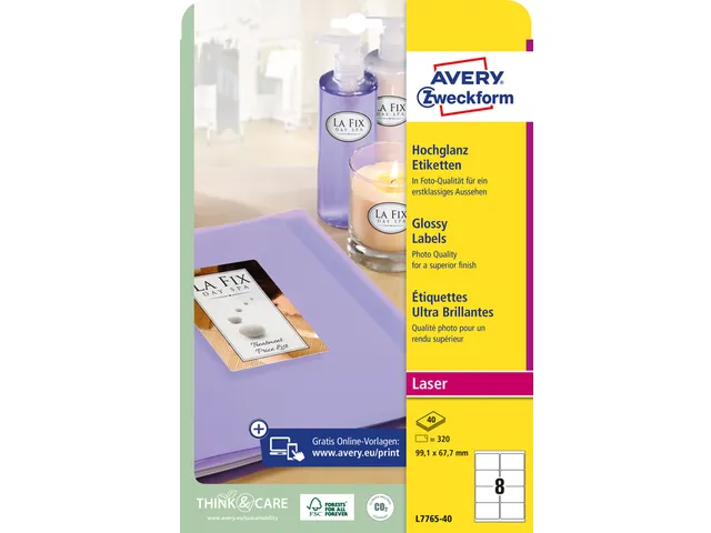 Etiket Avery L7765-40 99.1x 67.7mm hoogglans wit 320 stuks 40 vel