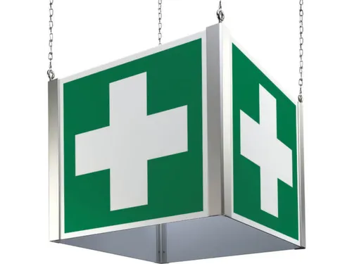 Kubus met vluchtroutepictogrammen,EHBO,aluminium,lang nalichtend