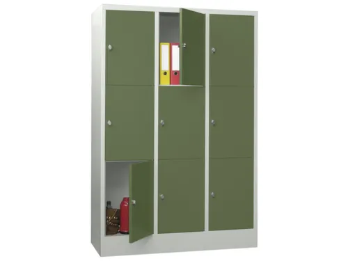 lockerkast,HxBxD 1850x1200x500mm,3x3vakken,RAL7035,front RAL6011