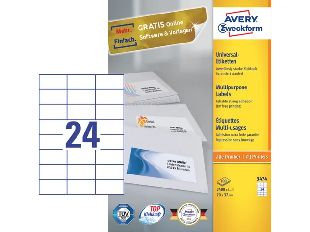 Etiquette Avery Zweckform 3474 70x37mm blanc 2400 pièces