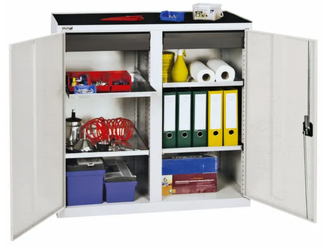 Materiaalkast 1000x1000x500mm 4legborden Uitschuifbaar 2laden Ral7035