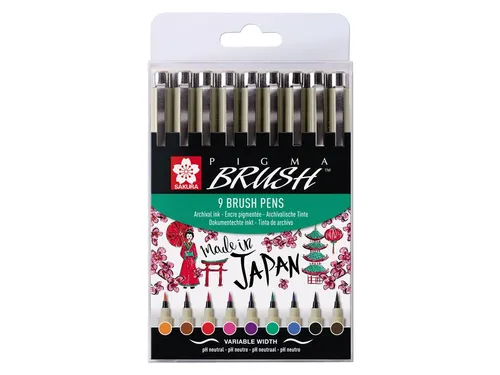 Viltstift met brushpen Bruynzeel Sakura Pigma etui 9 kleuren assorti